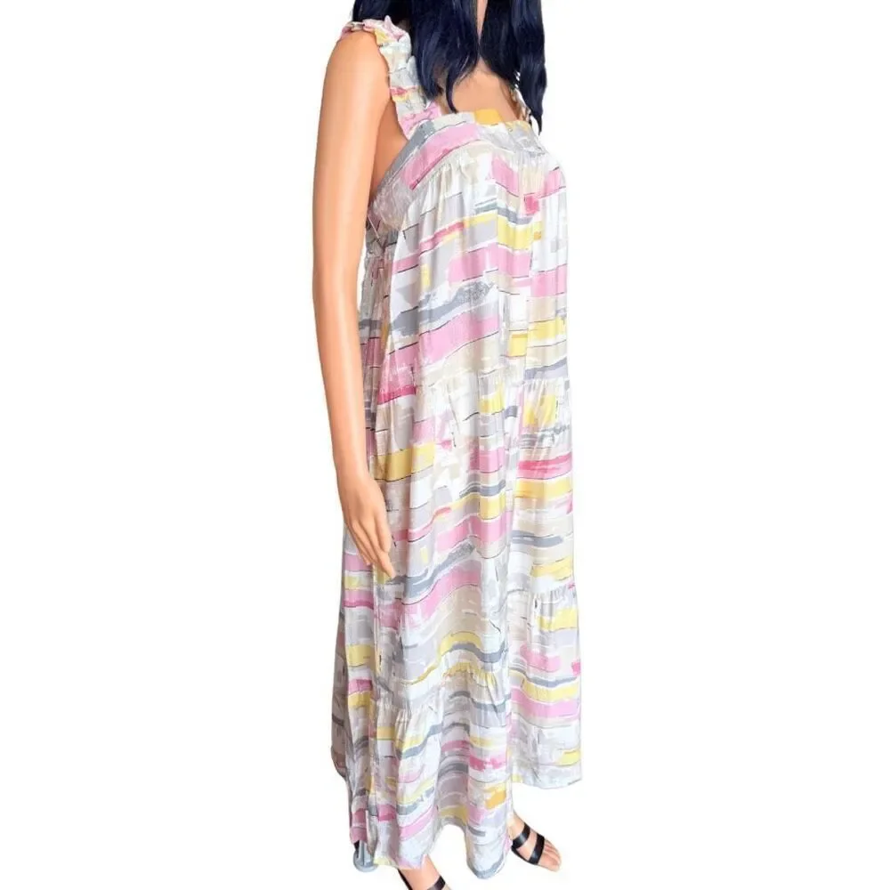 Moon River Abstract Tiered Maxi Dress Medium NWT Pink Yellow Boho Garden Party